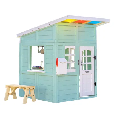 Teamson Kids Rainbow Shade Wooden Playhouse With Colorful Overhang, Flower Box And Bench, Mint In Blue