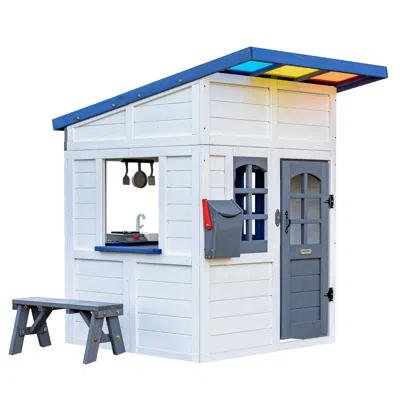 Teamson Kids Rainbow Shade Wooden Playhouse With Colorful Overhang, Flower Box And Bench, White In Multi