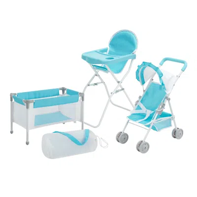 Teamson Olivia's Little World Baby Doll 3pc Nursery Set - Crib, High Chair & Stroller, Blue & White
