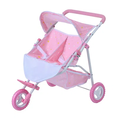 Teamson Olivia's Little World Twinkle Star Princess Baby Doll Twin Stroller With Retractable Canopy & Storag In Pink