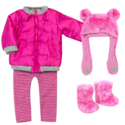 Teamson Sophia's 4 Piece Winter Outfit With Bear Faux Fur Hat Set For 18'' Dolls, Hot Pink