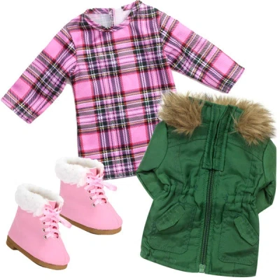 Teamson Sophia's Complete Fall Outfit With Dress, Parka, & Booties For 18" Dolls, Pink/green In Neutral
