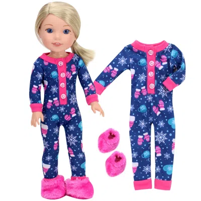 Teamson Sophia's One Piece Winter Pajamas And Slippers For 14.5" Dolls, Blue/hot Pink In Pattern