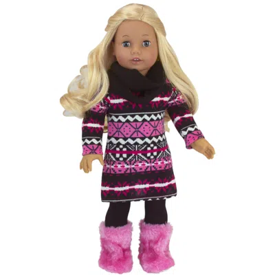 Teamson Sophia's Print Knit Dress & Infinity Scarf For 18" Dolls, Hot Pink/black In Multi