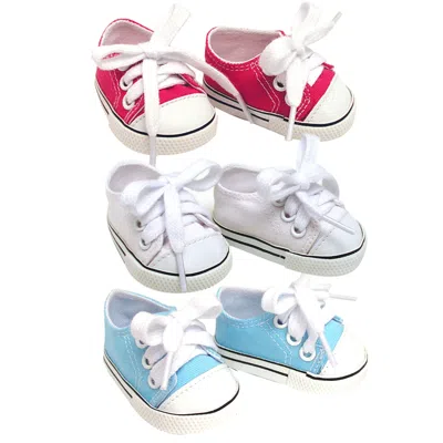 Teamson Sophia's Set Of 3 Canvas Tennis Shoes For 18" Dolls, Pink, White, And Blue In Multi