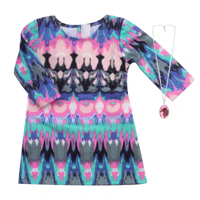 Teamson Sophia's Watercolor Boho Ikat Print Long-sleeved T-shirt Jersey Dress With Pink Rhinestone Necklace  In Multi