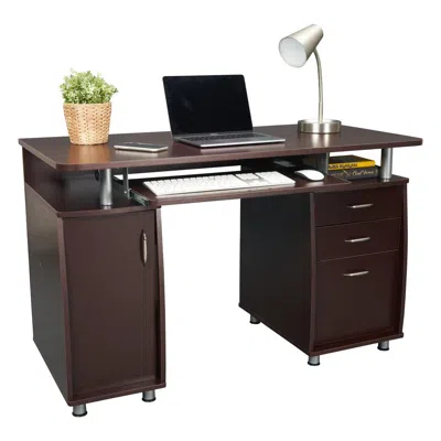Techni Mobili Complete Workstation Computer Desk With Storage. Color: Chocolate In Brown