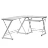 Techni Mobili L-shaped Tempered Glass Top Computer Desk With Pull Out Keybaord Panel. Color: Clear In White