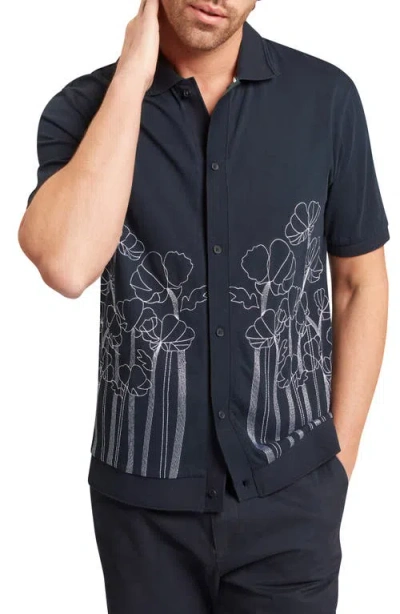 Ted Baker Actton Embroidered Short Sleeve Knit Button-up Shirt In Blue