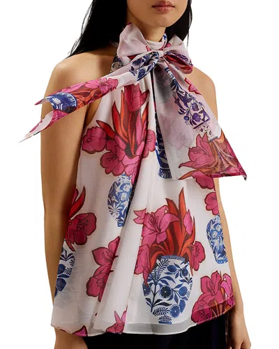 Ted Baker Akaki Organza Printed Tie Neck Top In Ivory