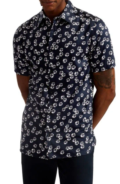 Ted Baker Alfanso Floral Short Sleeve Button-up Shirt In Navy