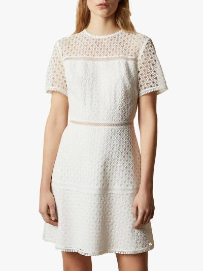 Pre-owned Ted Baker Allara Short Sleeve Lace Mini Dress For Women In Ivory