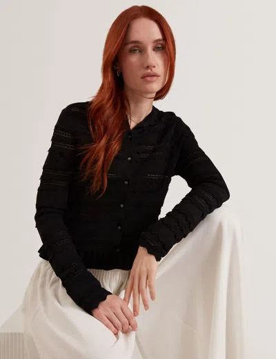 Ted Baker Avria Frilled Hem Knitted Crew Neck Cardigan In Black