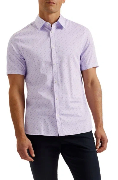 Ted Baker Barhill Geometric Print Stretch Short Sleeve Button-up Shirt In Lilac