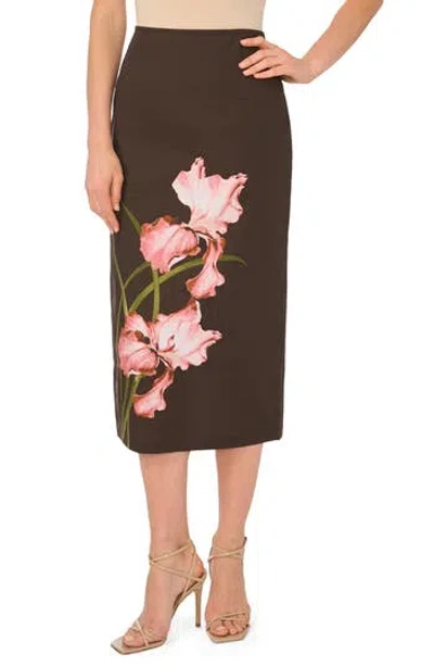 Ted Baker Big Flower Placement Midi Pencil Skirt In Chocolate Brown