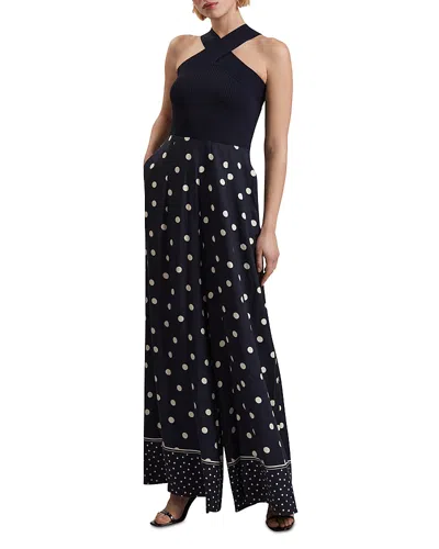 Ted Baker Carmman Knit Bodice Polka Dot Jumpsuit In Navy