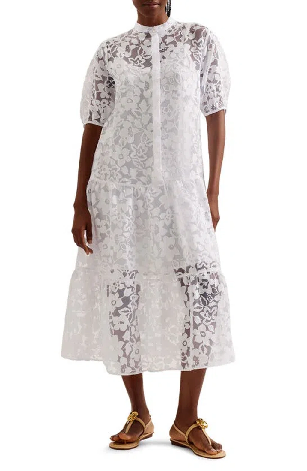 ted baker floral dress white Womens Claarey Floral-motif Tiered Woven Midi with back split detail for ease of movement White Ted Baker Floral Print