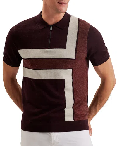 Ted Baker Color Block Short Sleeve Zipper Polo Sweater In Maroon