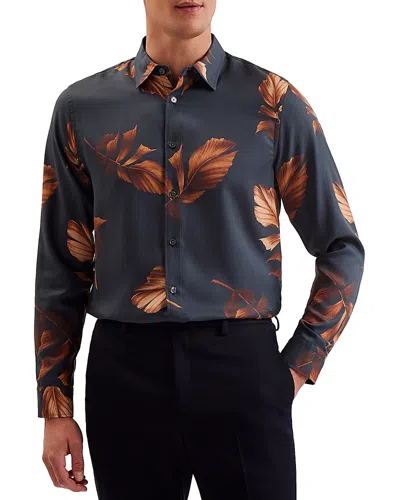 Ted Baker Coltons Leaf Print Long Sleeve Shirt In Navy