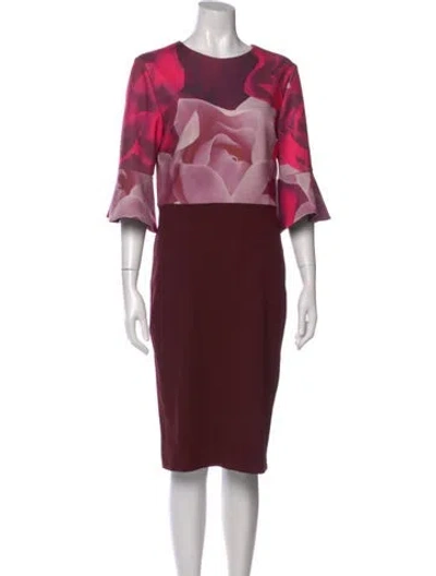 Pre-owned Ted Baker Crew Neck Midi Length Dress In Burgundy