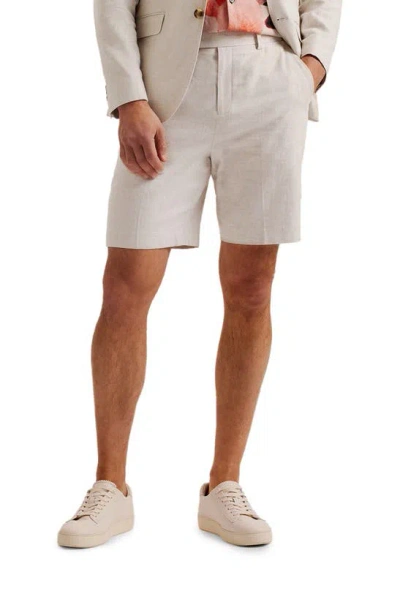 Ted Baker Damasks Slim Fit Flat Front Linen & Cotton Chino Shorts In Natural