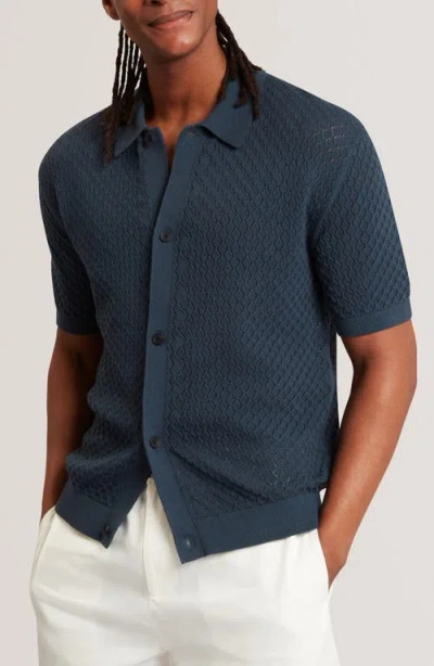 Ted Baker Domati Texture Knit Short Sleeve Button-up Shirt In Blue