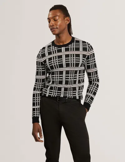 Ted Baker Eatton Check Stitch Crewneck Wool Blend Jumper In Black