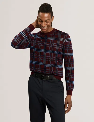 Ted Baker Eatton Check Stitch Crewneck Wool Blend Jumper In Maroon