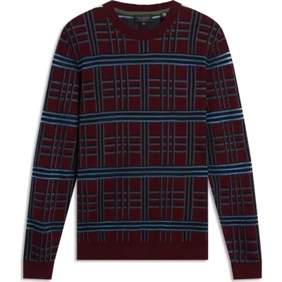 Ted Baker Eatton Plaid Crewneck Sweater In Burgundy