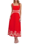 Ted Baker Square Neck Embroidery Detail Midi Dress In Red