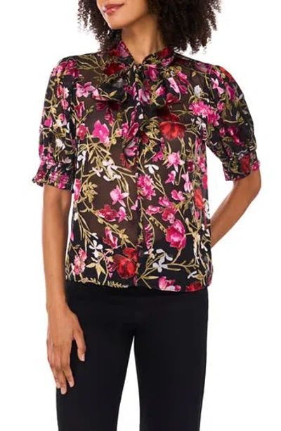 Ted Baker Floral Burnout Puff Sleeve Top In Black