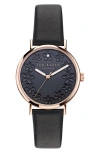 Ted Baker Floral Leather Strap Watch In Black