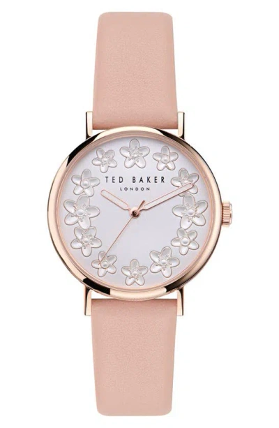 Ted Baker Floral Leather Strap Watch In Pink