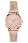 Ted Baker Floral Leather Strap Watch In Rose Goldone