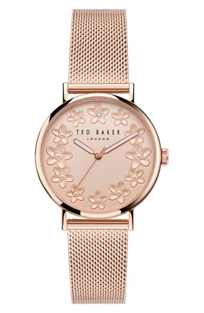 Ted Baker Floral Leather Strap Watch In Gold
