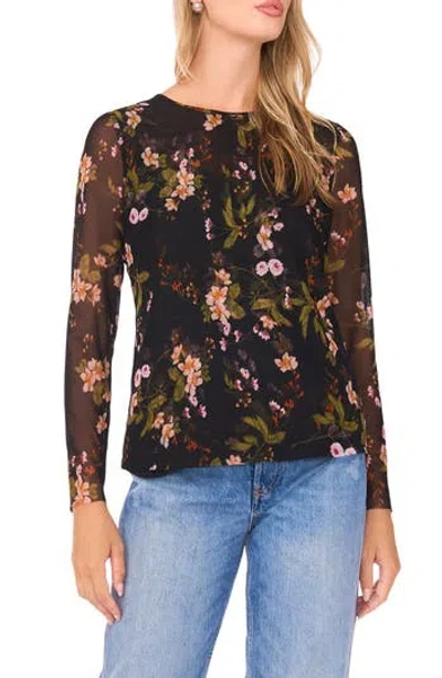 Ted Baker Floral Long Sleeve Mesh Top In Black