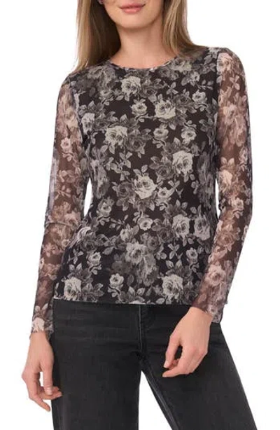 Ted Baker Floral Long Sleeve Mesh Top In Black