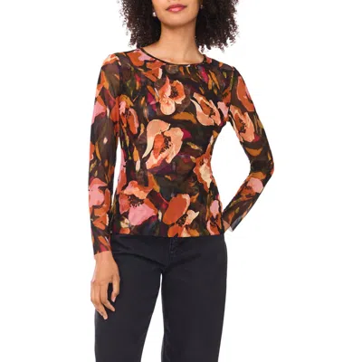 Ted Baker Floral Long Sleeve Mesh Top In Brown