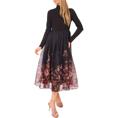 Ted Baker Floral Long Sleeve Mixed Media Dress In Rich Black