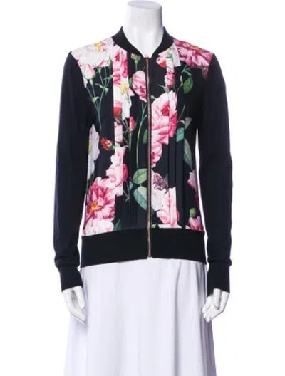 Pre-owned Ted Baker Floral Print Bomber Jacket In Black