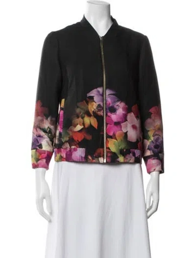 Pre-owned Ted Baker Floral Print Bomber Jacket In Black