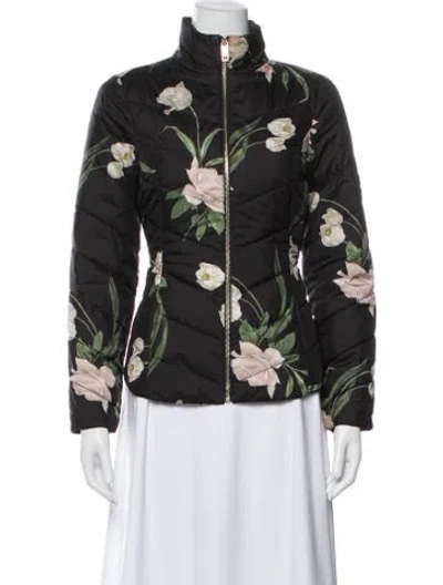 Pre-owned Ted Baker Floral Print Down Jacket In Black