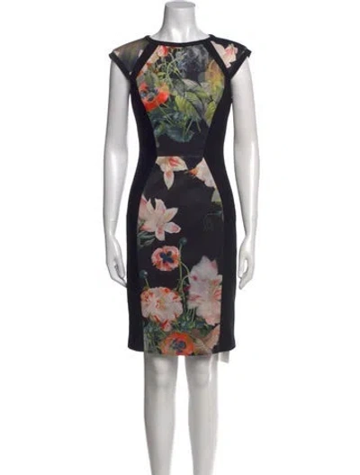 Pre-owned Ted Baker Floral Print Knee-length Dress In Black