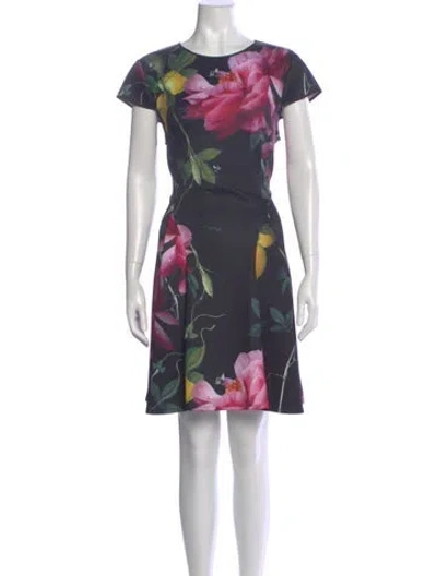 Pre-owned Ted Baker Floral Print Knee-length Dress In Black