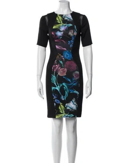 Pre-owned Ted Baker Floral Print Knee-length Dress In Black