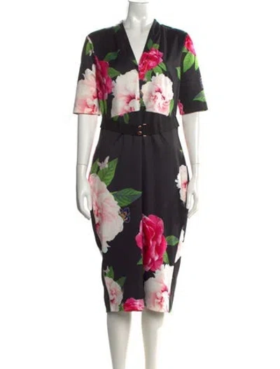 Pre-owned Ted Baker Floral Print Knee-length Dress In Black