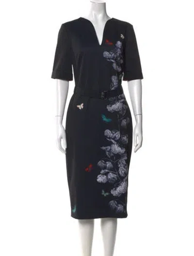 Pre-owned Ted Baker Floral Print Knee-length Dress In Black