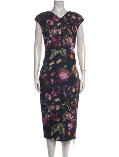 Pre-owned Ted Baker Floral Print Knee-length Dress In Black