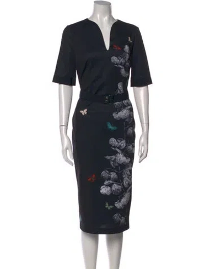 Pre-owned Ted Baker Floral Print Knee-length Dress In Black