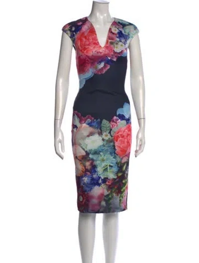 Pre-owned Ted Baker Floral Print Knee-length Dress In Black